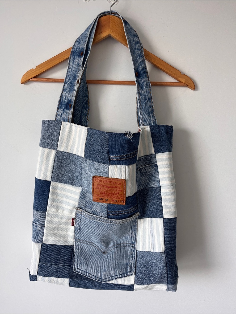 Handmade Patchwork Denim Tote Bag | Upcycled | Lined | 2 Pockets | One-of-a-Kind